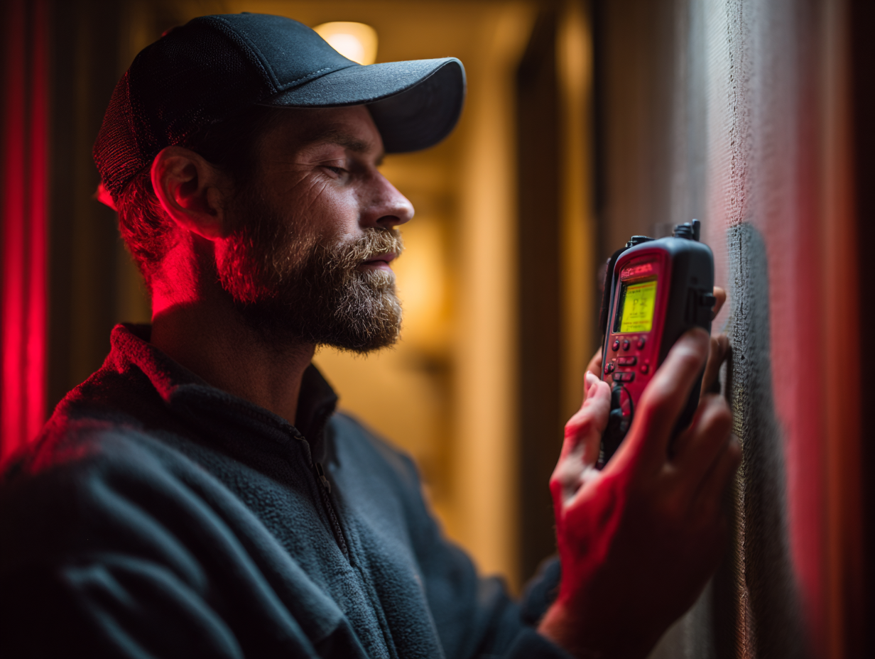 Technician measuring sound levels in apartment wall